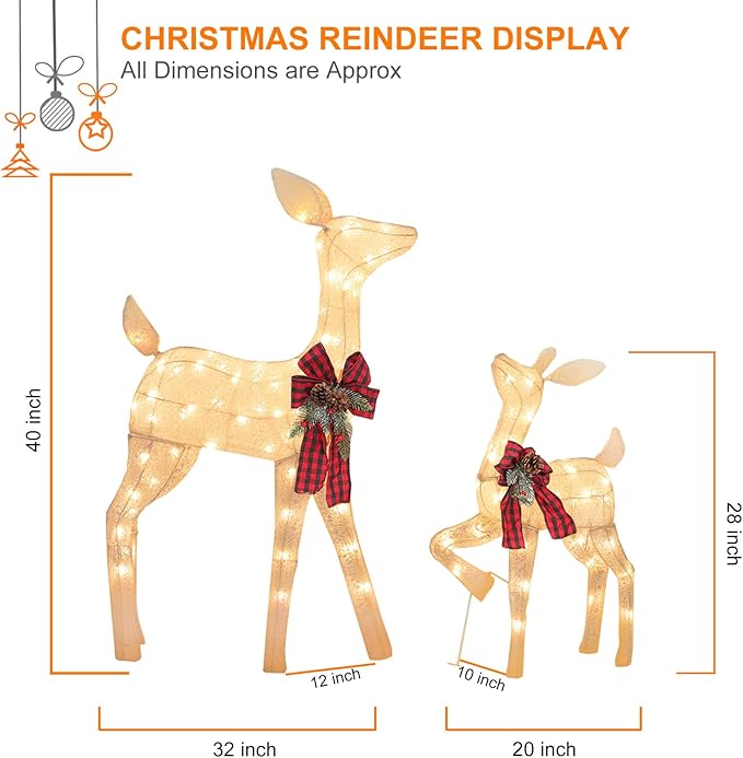 2 Pcs Reindeer Christmas Decoration, Xmas Lighted White Shimmering Doe and Fawn Display Set with 105 Warm White Lights for Yard Lawn Indoor Outdoor-CasaMuseHome