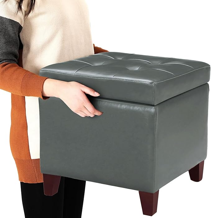 Adeco Bonded Leather Square Tufted Cubic Cube Footstool, 18" Height Storage Ottomans, with Lid, Cement Grey-CasaMuseHome