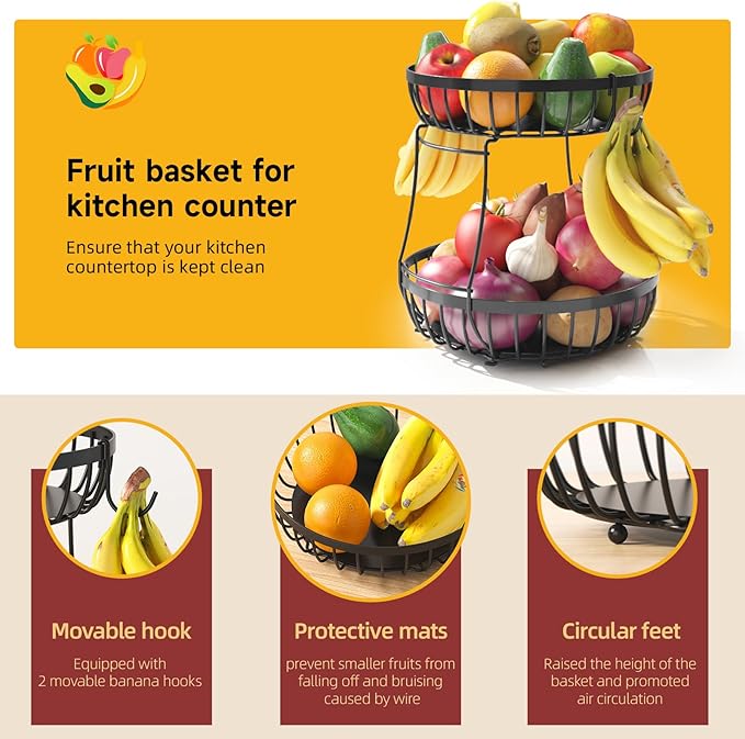 2 Tier Fruit Basket for Kitchen Counter with 2 Banana Hangers, Metal Stackable Fruit Bowl for Kitchen Counter for Bread Vegetable Fruits, Black-CasaMuseHome