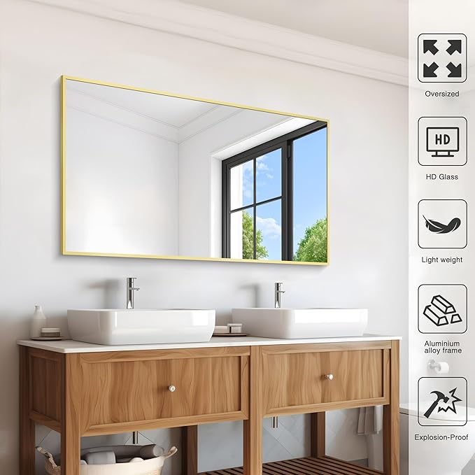 36x55inch Bathroom Mirror, Gold Rectangle Mirror with Thin Metal Frame, Large Rectangular Wall Mirror for Bathroom, Living Room, Hair Salon, Big Farmhouse Mirror Hang Horizontal/Vertical-CasaMuseHome