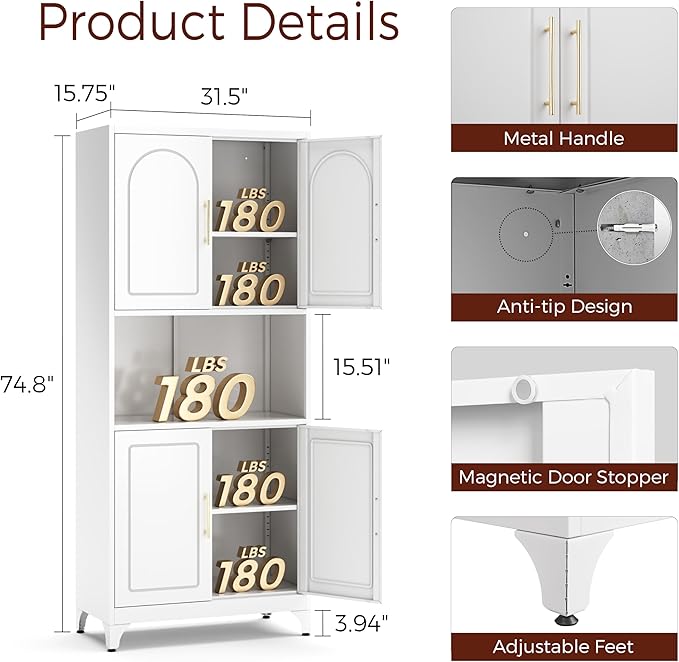 75" Tall Kitchen Pantry Storage Cabinet, Metal Storage Cabinets with 4 Doors and Adjustable Shelves，White Kitchen Hutch Cabinet with Microwave Stand, Large Cupboard for Dining Living Room-CasaMuseHome