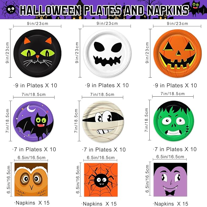 105PCS Halloween Paper Plates Ghosts Pumpkin Skull Spider Web Design for Halloween Party Decorations Supplies, Serves 30-CasaMuseHome