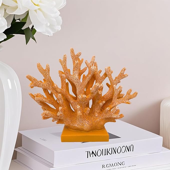 5.8" H Orange Coral Decor - Resin Coral Statue, Nautical Decor for Home, Bedroom, Bathroom, Living Room, Ocean Themed Cabinet Shelf Tabletop Decoration-CasaMuseHome