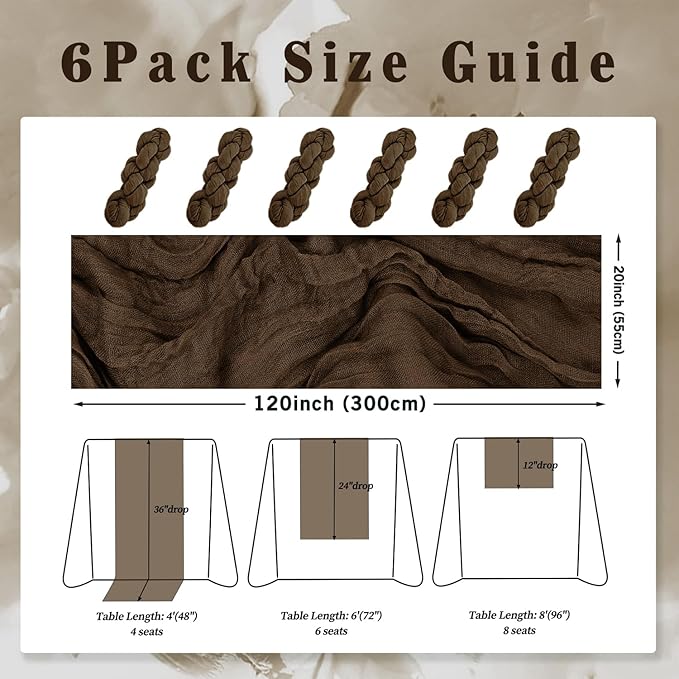 10FT 6 Pack Brown Cheesecloth Table Runner 20 x 120 Inch Long Boho Fabric Rustic Cheese Cloth Table Runner for Wedding Bridal Shower Baby Shower Gauze Sheer Birthday Party Table Decorations-CasaMuseHome