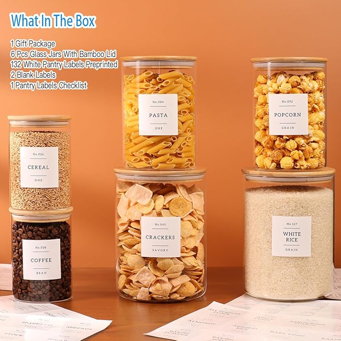 6-Pack Borosilicate Glass Storage Jars with Bamboo Lids + 132 Pre-Printed Pantry Labels Included, BPA-Free Thicken Airtight Containers for Flour, Sugar, Rice, Microwave & Freezer Safe(100OZ/54OZ/27OZ)-CasaMuseHome