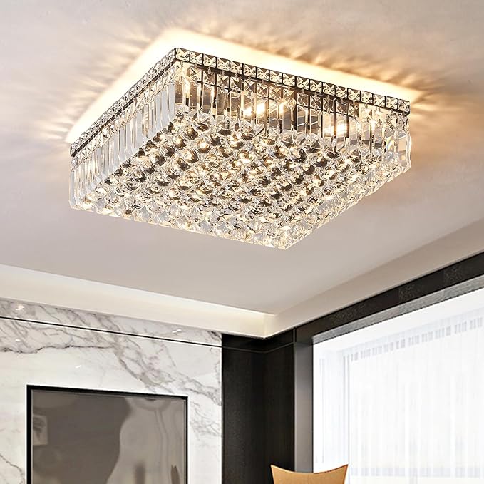 12-Lights Black Crystal Flush Mount Ceiling Light Fixtures,Elegant Crystal Chandelier Pendant Ceiling Lamp for Bedroom,Living Room,Dining Room,Hallway H5.9 x W20 x L20 (Bulb Not Included)Square-CasaMuseHome