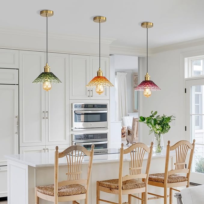 3-Pack Pendant Lights, Modern Glass Ceiling Hanging Light Fixtures,Adjustable Three Color Glass Shades Vintage Gold Chandeliers for Kitchen Island Dining Room Livingroom Entryway Farmhouse Bar-CasaMuseHome