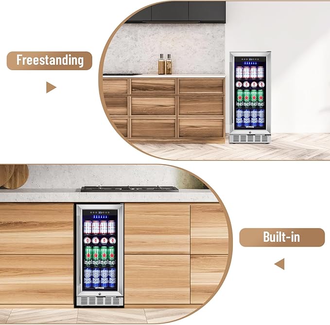 15 Inch Beverage Refrigerator, 130 Can Capacity Under Counter Fridge with Lock & Glass Door, Quiet Built-in or Freestanding Beer Cooler, Powerful Compressor for Fast Cooling-CasaMuseHome
