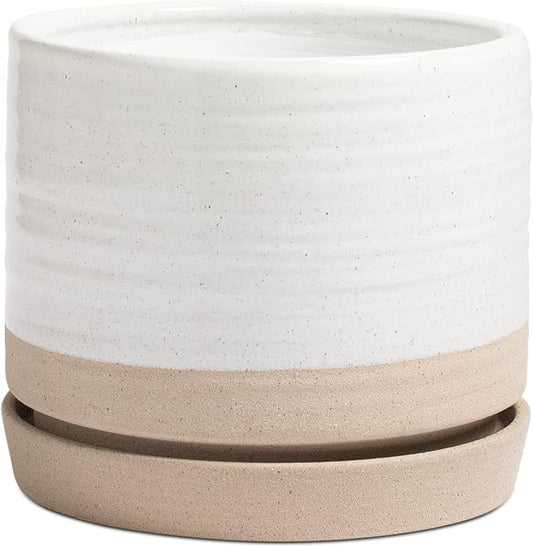 8 Inch Pots for Plants, Ceramic Planter Pot with Drainage Hole & Saucer, Indoor or Outdoor Cylinder Round Planter Pot, Matte White & Beige-CasaMuseHome