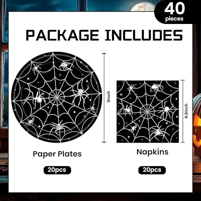 40Pcs Halloween Paper Plates and Napkins Party Supplies, Spider Web Plates Napkins Disposable Dinnerware Set for Spooky Halloween Party Decorations-CasaMuseHome