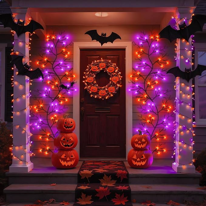 7 Ft Halloween Decorations Willow Vine Twig Garland with 8 Modes Timer 63 LED Orange Purple Lights, Halloween Garland with Waterproof Battery Operated for Wall Fireplace Decorations Indoor Outdoor-CasaMuseHome