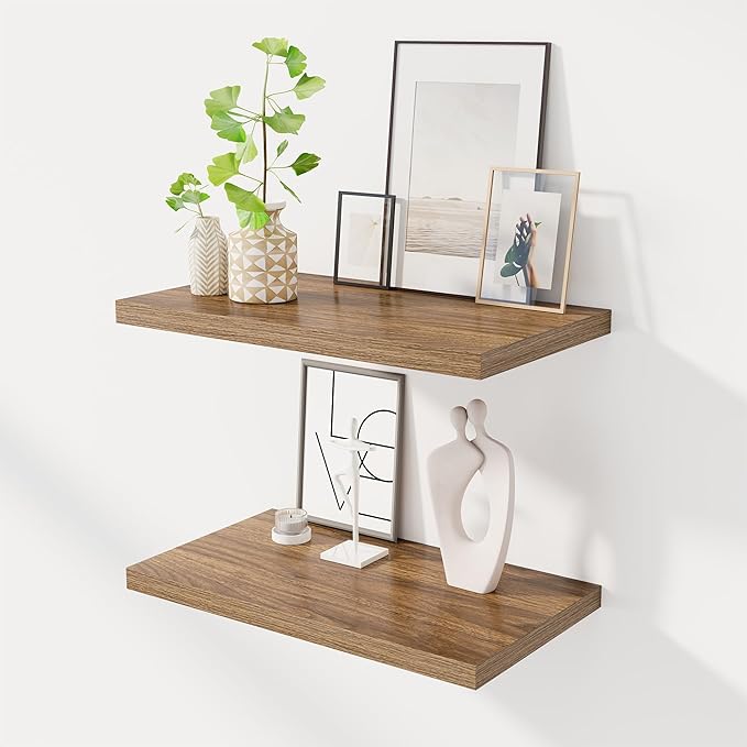 24" Floating Shelves for Wall, 12" Deep Slim Walnut Floating Shelves, Wall-Mounted Shelves for Bedroom, Living Room, Kitchen, Bathroom - Set of 2-CasaMuseHome