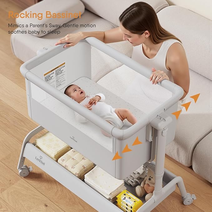 3-in-1 Baby Bassinet, Rocking Bassinet, Bedside Bassinet for Baby, Stable and Secure Bassinet Bedside Sleeper for Newborn & Infant, 6 Height Adjustable with Wheels, Mattress & Breathable Mesh-CasaMuseHome