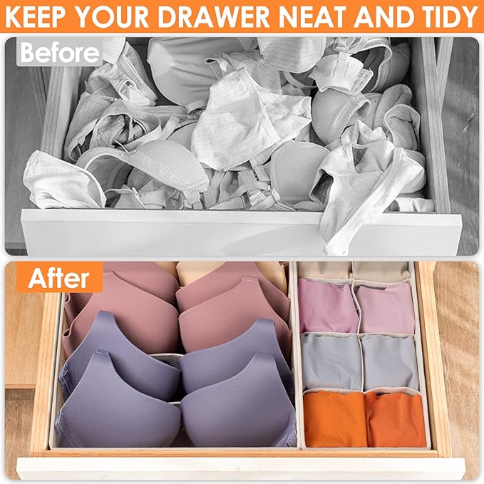 6 Pack Sock Underwear Drawer Organizer Dividers, 58 Cell Foldable Fabric Dresser Closet Organizers and Storage Bins for Clothing, Baby Clothes, Bra, Panty, Scarf, Ties (Beige)-CasaMuseHome