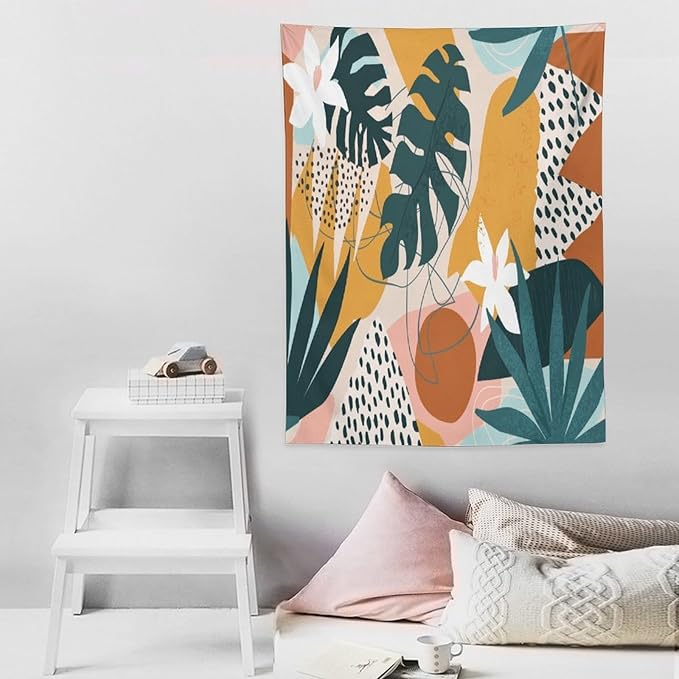 Abstract Bohemian Mid Century Tapestry, Tropical Leaves Modern Geometric Archway Minimalist Bohemian Botanical Aesthetic Wall Hanging, Sage Green Gold Home Decor Art for Bedroom 40x60 Inch-CasaMuseHome