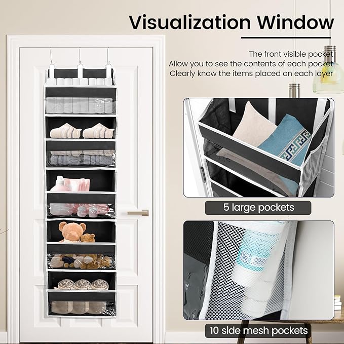 Over the Door Organizer with 5 Large Pockets and 10 Side Mesh Pockets Visible Closet Hanging Organizer Large Capacity Behind Door Storage Organizer for Home Office Bathroom Bedroom-CasaMuseHome