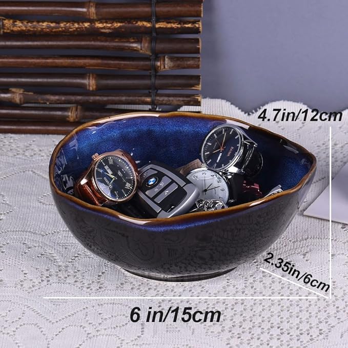 6" Blue Ceramic Decorative Bowl, Entryway Table Decor Pottery Key Bowl, Candy Dish, Salad Bowl, Blue Decor Small Jewelry Trinket Dish for Bedroom, Centerpiece, Bedside Table, Living Room Decor-CasaMuseHome