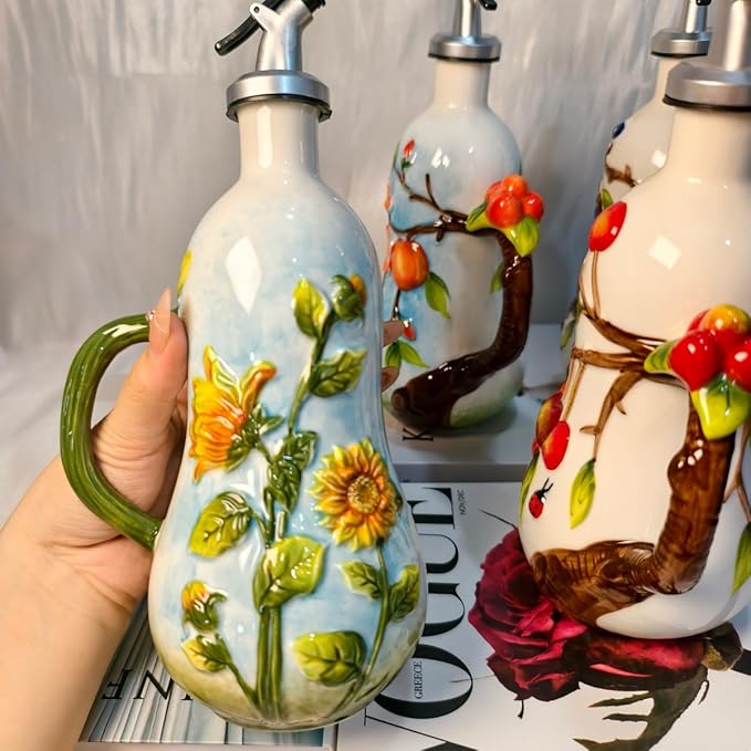 18 Oz Hand Painted Relief Ceramic Olive Oil Bottle Dispenser for Kitchen, Oil and Vinegar Bottle, Seasoning Bottle with Stainless Steel Nozzle, 540mL Oil Container with Handle for Cooking, Light Proof-CasaMuseHome