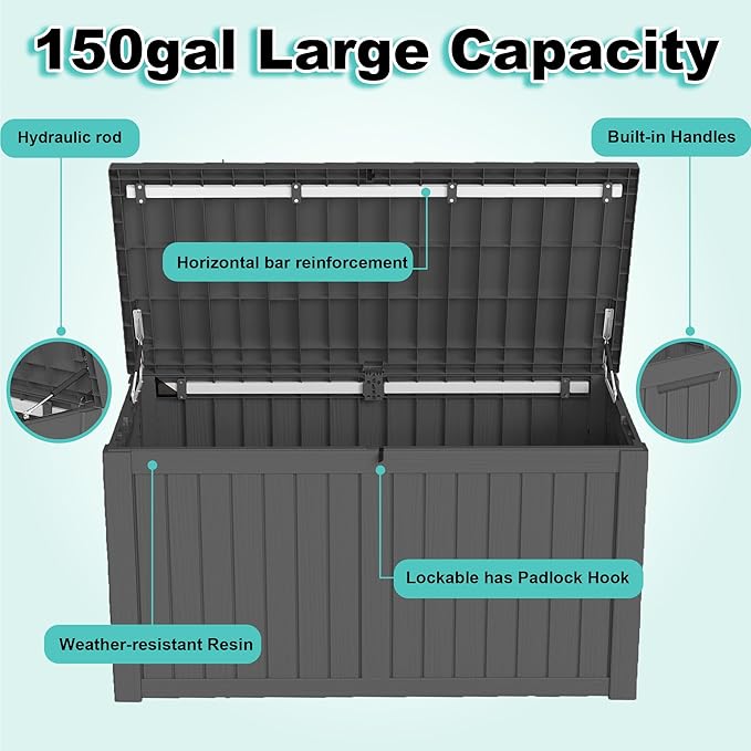 150Gal Outdoor Deck Box Waterproof, Lager Patio Storage Box Indoor and Outdoor Use, Lockable Resin Storage Bin for Patio Furniture Cushions Garden Tools, Package Delivery,UV Resistant-Black-CasaMuseHome
