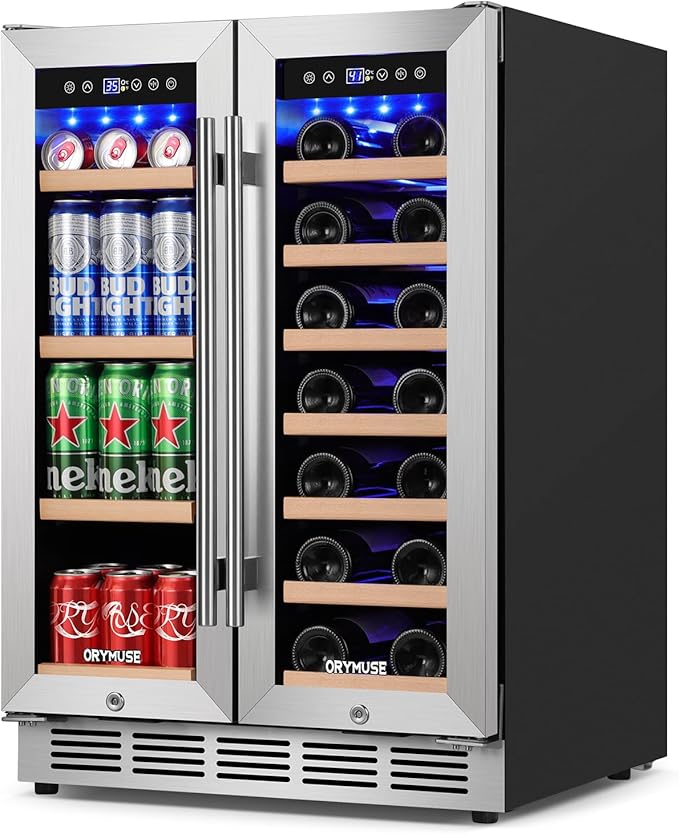 24 Inch Dual Zone Wine and Beverage Refrigerator, Built-in or Freestanding Cooler with French Doors, Drink Fridge with Upgraded Compressor for Beer, Wine, and Soda-CasaMuseHome