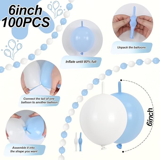 100PCS Blue and White Link Balloons, Baby Light Blue White Linking Balloons with Tail for Making Balloon Wall Arch and Chains, Quick Balloon for Wedding Birthday Baby Shower Party Decorations (6inch)-CasaMuseHome