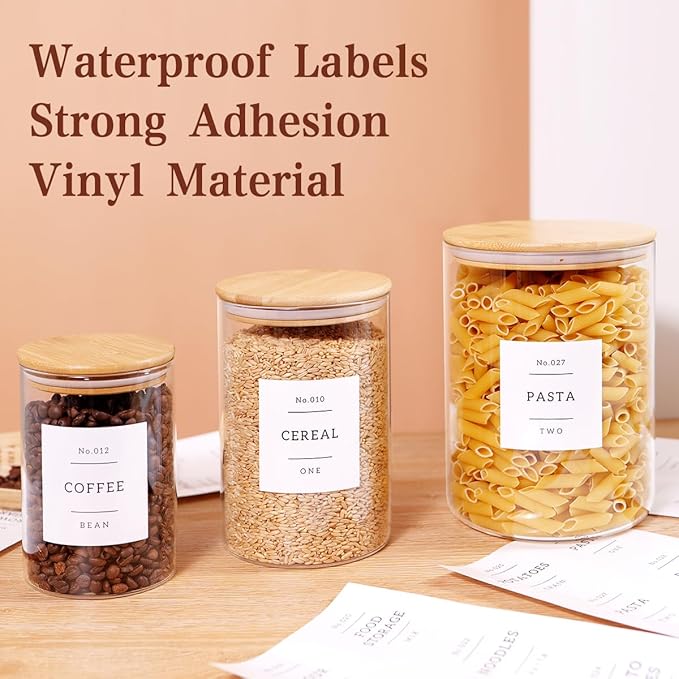 3 Pcs Glass Canisters with Airtight Bamboo Lids and 42 Kitchen Pantry Labels Preprinted - Clear Glass Flour and Sugar Storage Container Set - Large Glass Jars with Wood Lids(100 OZ/54 OZ/27 OZ)-CasaMuseHome