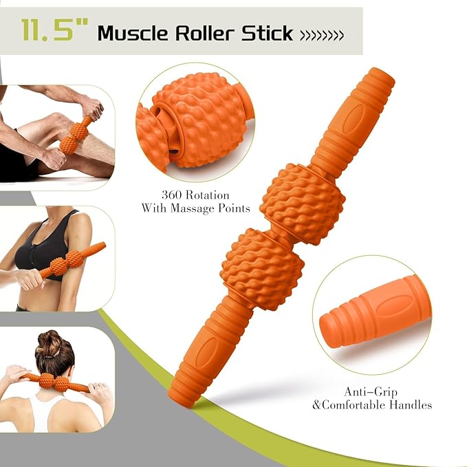 5-in-1 Foam Roller Set, Massage Roller Stick, Massage Ball, Resistance Band for Deep Muscle Massage, Trigger Point Release, Pilates, Yoga (Orange)-CasaMuseHome