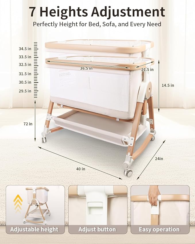 4 in 1 Baby Bassinet, Bassinets Bedside Sleeper with Wheels and Storage Basket, Adjustable 7 Heights Bedside Sleeper with Mosquito Net, Breathable Mesh Rocking Bassinet for Baby-CasaMuseHome