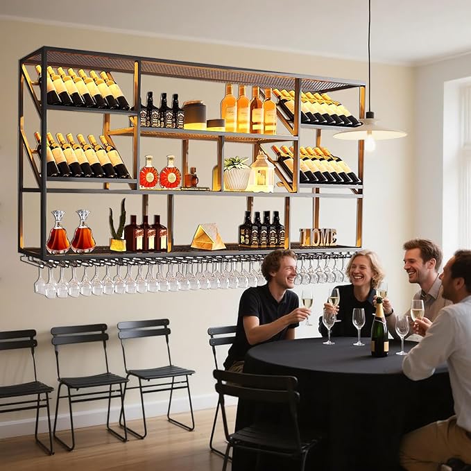 78.7Inch Wall Mounted Wine Rack, 3 Tiers Large Bar Shelves with 21 Glass Holder, Metal Wine Bottle Display Shelf, Modern Iron Liquor Shelf, for Kitchen Dining, Home Bar, Cellar (78.7" W)-CasaMuseHome