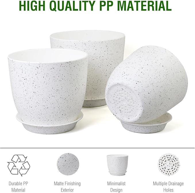 9/8/7.5 inch Flower Pots, Set of 3 Modern Decorative Plastic Planters with Drainage Holes and Saucers for Garden House Plants, Plant Pots for Indoor Outdoor Plants, Speckled White-CasaMuseHome