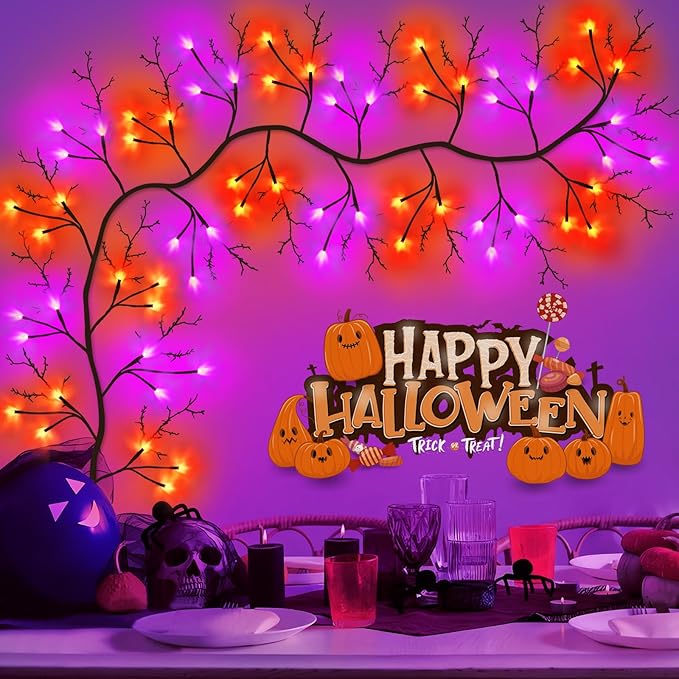 7 Ft Halloween Decorations Willow Vine Twig Garland with 8 Modes Timer 63 LED Orange Purple Lights, Halloween Garland with Waterproof Battery Operated for Wall Fireplace Decorations Indoor Outdoor-CasaMuseHome