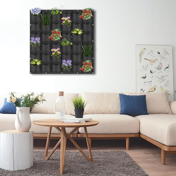 36 Pockets Hanging Planter Bags, Hanging Vertical Wall Mounted Plant Planting Grow Bags, Herb Garden Planter Outdoor Indoor Growing Bag, Gardening Vertical Greening Flower Container(1m×1m, Black)-CasaMuseHome
