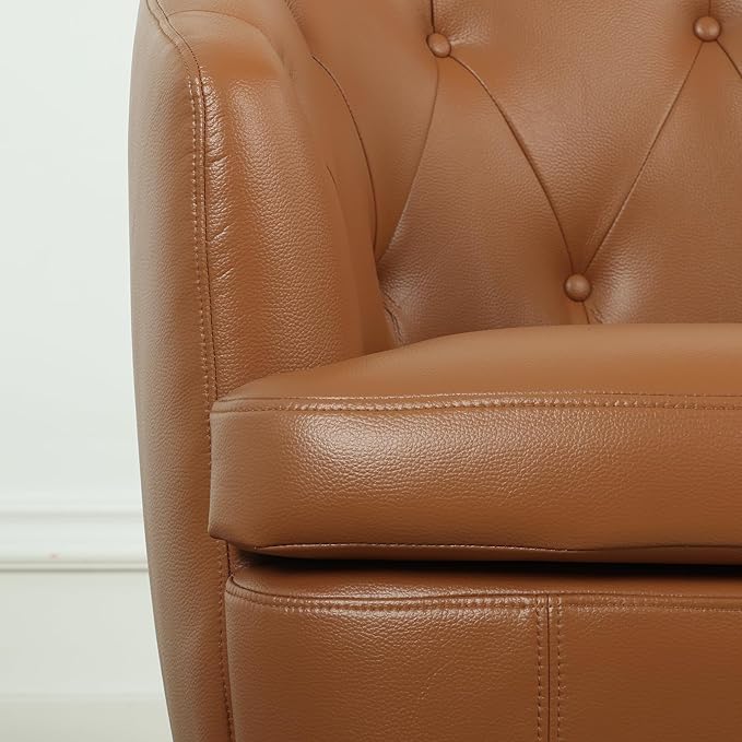 360° Swivel Leather Accent Chair, Modern Barrel Club Chair with Leather Upholstery and Sturdy Base, Comfortable Armchair for Living Room, Bedroom, Reading Nook, Brown-CasaMuseHome