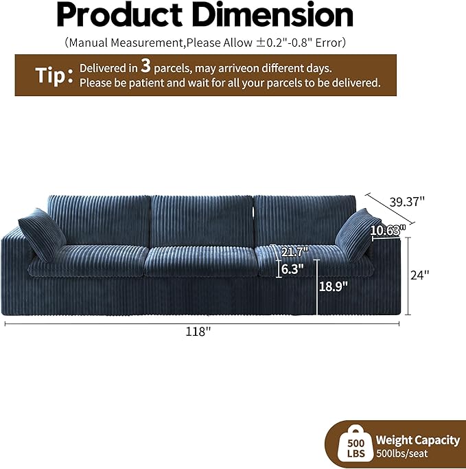 118" 3-Seater Cloud Sofa,Modular Sectional Couch,Modern Deep Seat Upholstered Couches with Plush Corduroy Fabric for Living Room Furniture,Bedroom and Apartment,No Assembly Required,Blue-CasaMuseHome