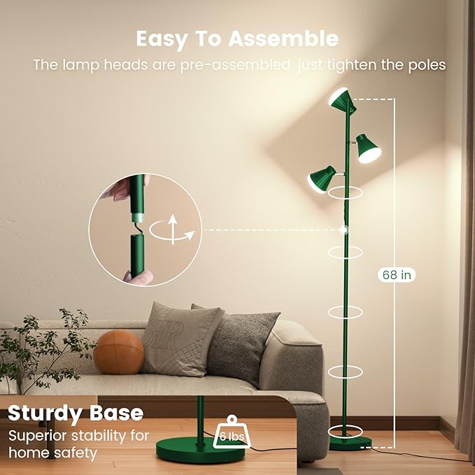 36W LED Tree Floor Lamp, Dimmable Tall Standing Lamp with Remote & Touch Control, 4 Color Temperatures Bright Floor Lamp, 3 Rotatable Light Modern Floor Lamps (Green)-CasaMuseHome