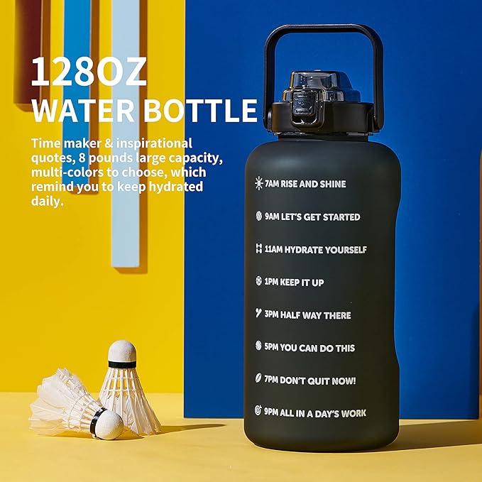 64oz,100oz,128oz Large Motivational Water Bottle with Time Marker, Leakproof & BPA Free Half Gallon Big Water Bottle with Straw Handle Tritan Frosted Water Jug for Gym,Fitness,Outdoor Sports-CasaMuseHome