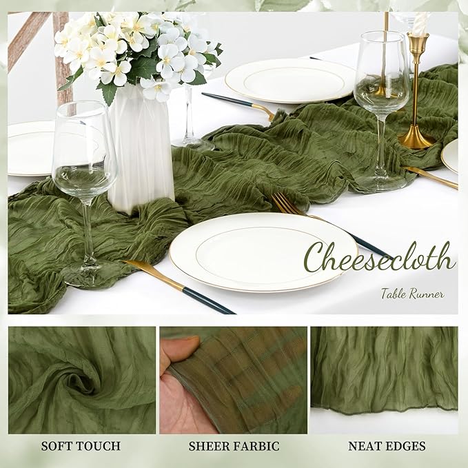20 Pack Olive Green 10FT Cheesecloth Table Runner Rustic Gauze Cheese Cloth Table Runner for Wedding Bridal Baby Shower Table Decorations Boho Fabric Sheer Birthday Party Decor 20 x 120 Inch Long-CasaMuseHome