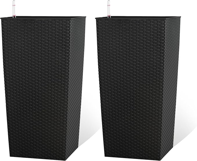 2Pcs 23in High Large Plant Pots Planter-Self-Watering,Modern Planter with Drain Holes,Water Level Monitor,Inner Bucket for Indoor/Outdoor Front Porch Patio,Black Rattan-CasaMuseHome