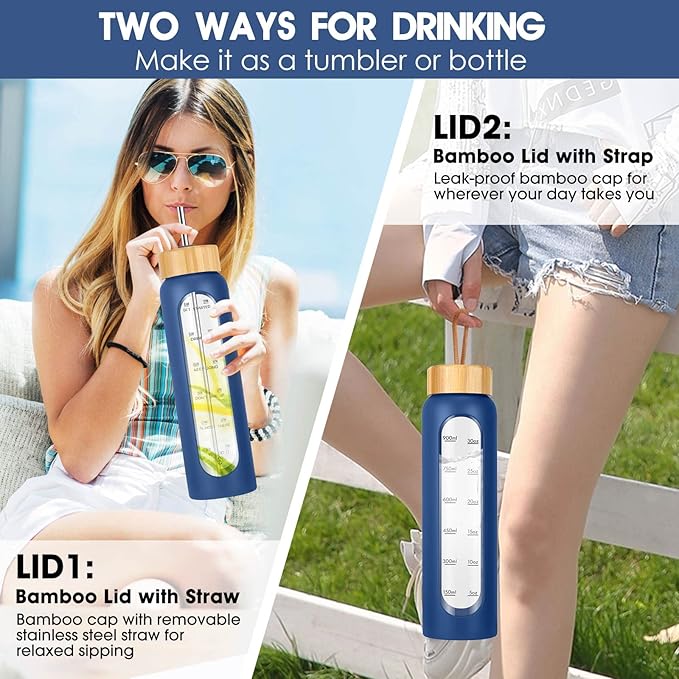 32 oz Glass Water Bottle with Straw - Motivational Time Marker & Silicone Sleeve - Reusable Tumbler Includes 2 Bamboo Lids & Fruit Infuser - 1 Pack-CasaMuseHome