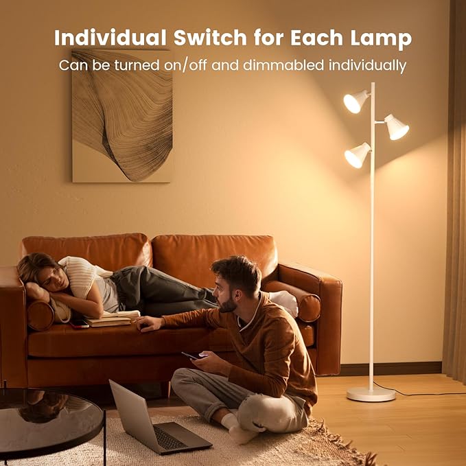 36W LED Tree Floor Lamp, Dimmable Tall Standing Lamp with Remote & Touch Control, 4 Color Temperatures Bright Floor Lamp, 3 Rotatable Light Modern Floor Lamps (White)-CasaMuseHome