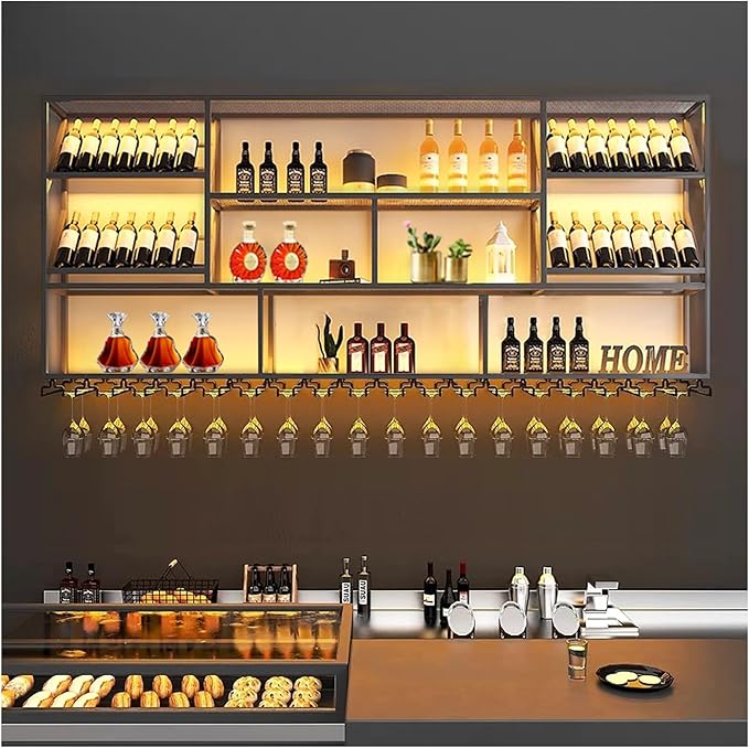 78.7Inch Wall Mounted Wine Rack, 3 Tiers Large Bar Shelves with 21 Glass Holder, Metal Wine Bottle Display Shelf, Modern Iron Liquor Shelf, for Kitchen Dining, Home Bar, Cellar (78.7" W)-CasaMuseHome