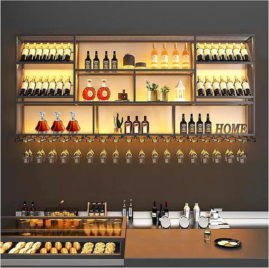 78.7Inch Wall Mounted Wine Rack, 3 Tiers Large Bar Shelves with 21 Glass Holder, Metal Wine Bottle Display Shelf, Modern Iron Liquor Shelf, for Kitchen Dining, Home Bar, Cellar (78.7" W)-CasaMuseHome