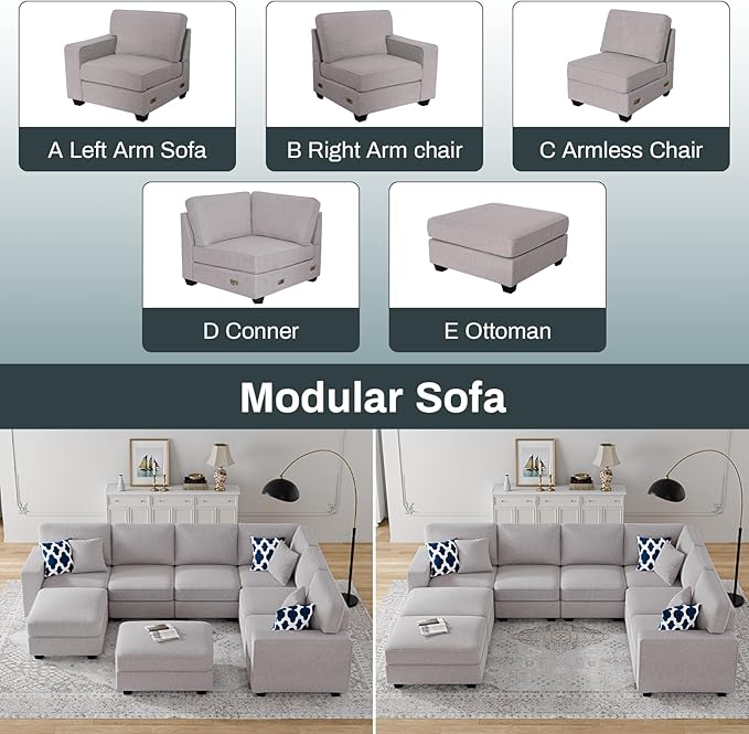 L Lengend Vansen Modular Sectional Sofa U Shaped Couch with Ottoman Modern Reversible Corner Sectional Couch for Living Room (Light Grey, U Shaped Sofa-3)-CasaMuseHome