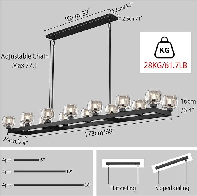 72 Inch Black Rectangle Wagon Wheel Chandeliers, Chandelier for Dining Room Over Table, Modern Crystal Long Chandelier for High Ceiling, Farmhouse Large Linear Chandeliers for Kitchen Island-CasaMuseHome