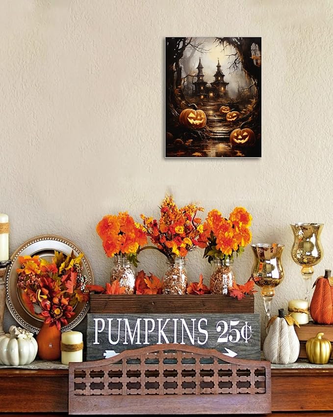 AbcCustomize Halloween Canvas Wall Art - Spooky Haunted House & Eerie Pumpkins Poster, Gothic Fall Decorations for Home, Vintage Halloween Decor Indoor for Living Room, Bedroom & Party-CasaMuseHome