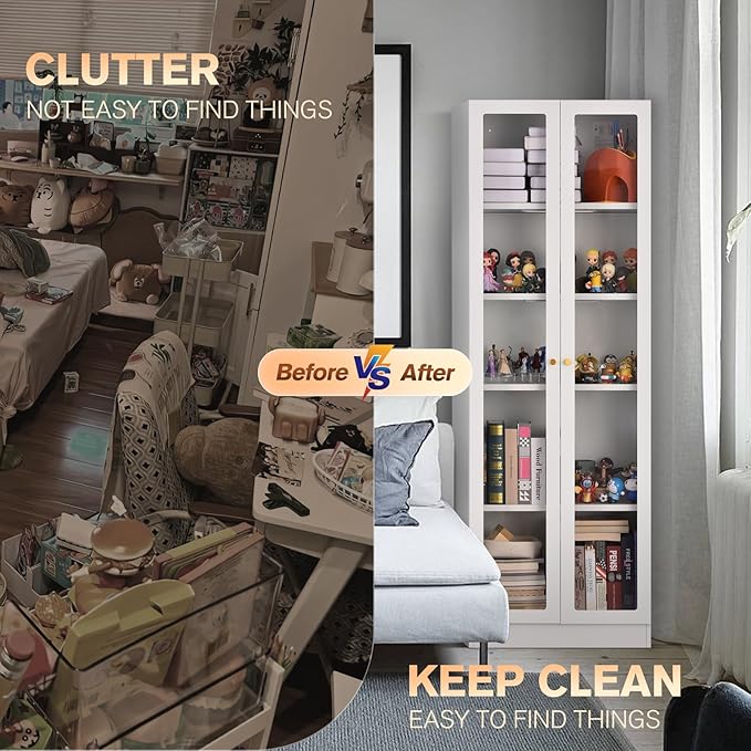 5 Tier Metal Curio Cabinets, Modern Bookshelf Cabinet with 4 Adjustable Shelves, Cabinet Display Case for Home Office, Living Room, Pantry (White-23.54W)-CasaMuseHome