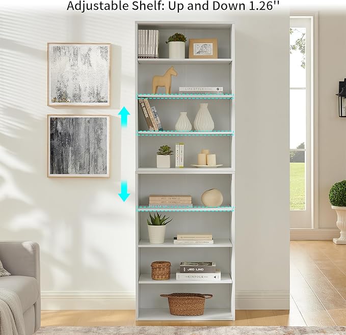 71 Inch Tall 8-Shelf Bookcase, Wood Bookshelf Storage Organizer Adjustable Shelf for Home Office Living Room, Converts into Two 4-Shelf Bookshelves, White-CasaMuseHome