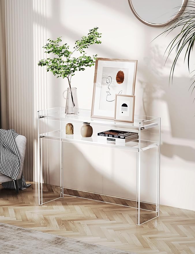 Acrylic Console Table, Entryway Table with Storage Shelves (1, 39.4 * 31.5 * 11.7) (Clear)-CasaMuseHome