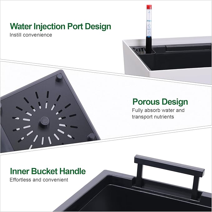 22.5" Tall Planters Set of 2, Outdoor＆Indoor Black Planter Pots, High Front Porch Planter Pots with Drainage Holes＆Water Level Monitor＆Inner Bucket, Automatic Watering, White-CasaMuseHome