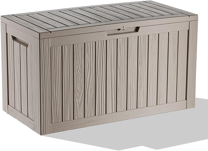 86 Gallon Outdoor Deck Box,Storage Lockable Waterproof Patio Furniture,Garden Tools,Cushions,Pool Accessories Outside Storage Resin Box(Grey)-CasaMuseHome